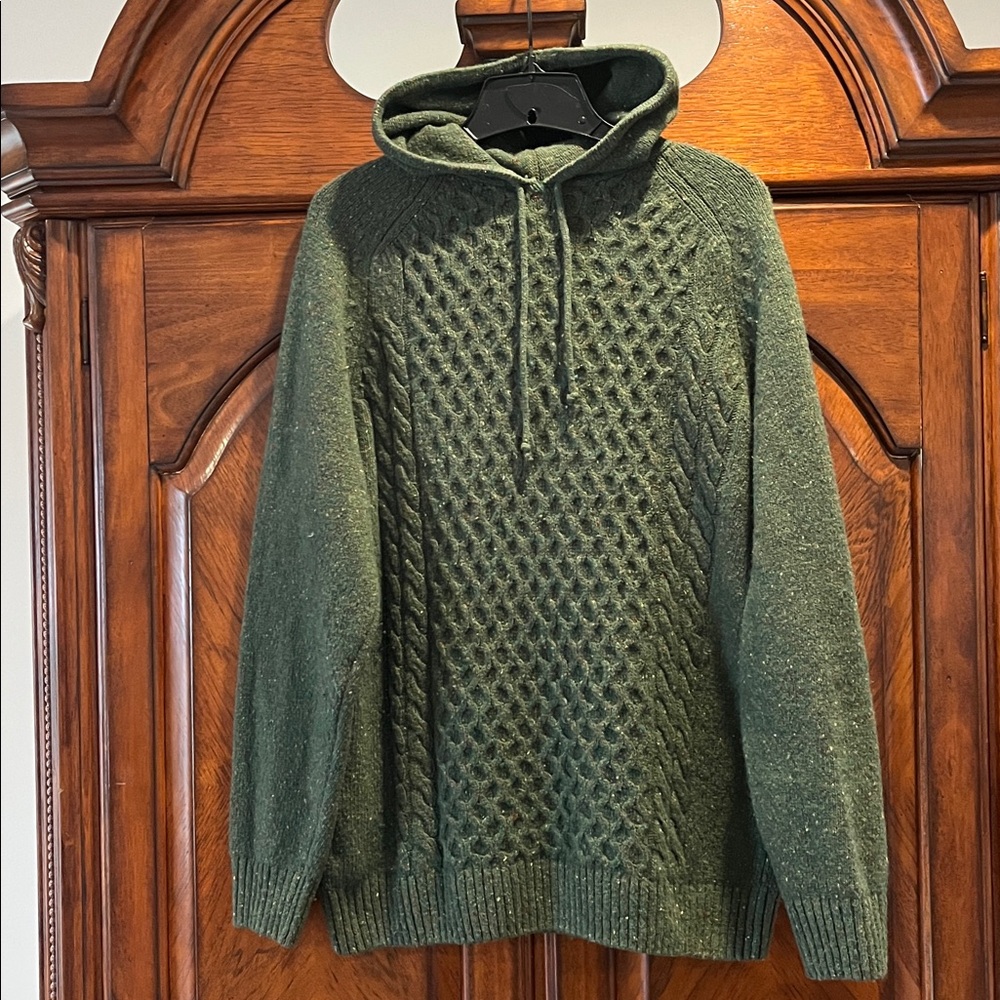 Aran Woolen Mills Green Speckled Cable Knit Lambswool Hooded Pullover Sweater M - Picture 6 of 11
